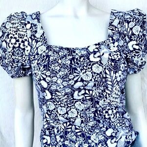NWT J Crew Puff Sleeve  Square Neck Top Navy Blue White Mermaid Floral size 2